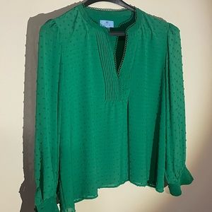CeCe Women's Clip Dot Long Sleeve Blouse Green Size X-Large Perfect Spring Top!